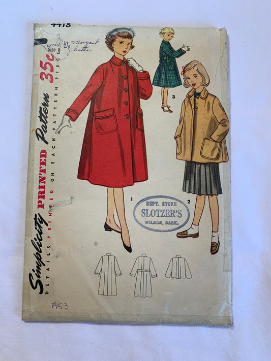 Simplicity Sewing Pattern 4418 Girls' Coat, Two Lengths, Long Sleeves, Pockets, Button Front, Collar, Size 8, Cut, Vintage 1960