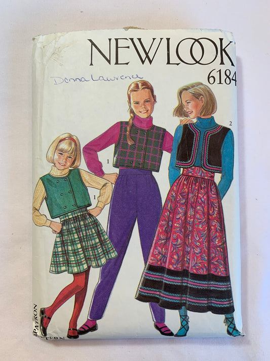 Simplicity New Look Sewing Pattern 6184 Girls' Tops, Skirt, Pants, Zipper Back, Two Lenghts, Sleeveless, Button Front, Long Sleeves, Turtle Neck, Size 4-11, Uncut, Vintage 1999