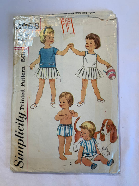 Simplicity Sewing Pattern 2988 Toddlers' Dress, Overblouse, Shorts, Button Back, Gathered Waist, Sleeveless, Pleats, Short Sleeves, Size 1, Cut, Vintage 1964