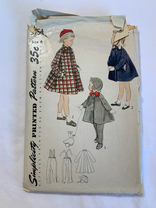 Simplicity Sewing Pattern 3754 Girls' Pyramid Coat, Detachable Collar, Leggings, Hat, Snowsuit, Long Raglan Sleeves, Chin Straps, Button Front, Size 6, Cut, Vintage 1950