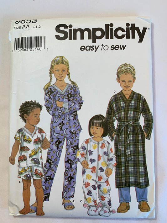 Simplicity Sewing Pattern 9853 Toddlers' Boys' Girls' Pajamas,Elastic Waist, Tie Belt, Long/Short Sleeves, Loungewear, Top, Pants, Robe, Sleepers, Size 1/2-2, Uncut, Vintage 1999