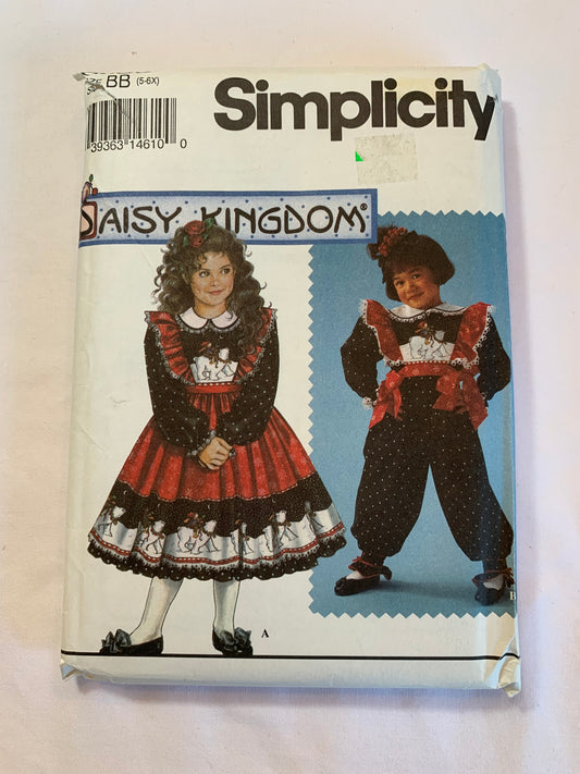 Simplicity Daisy Kingdom Sewing Pattern 8659 Girls' Dress, Pinafore, Jumpsuit, Tabard, Zipper Back, Peter Pan Collar, Zipper Back, Tie Back, Full Skirt, Ruffles, Size 5-6X, Uncut, Vintage 1993