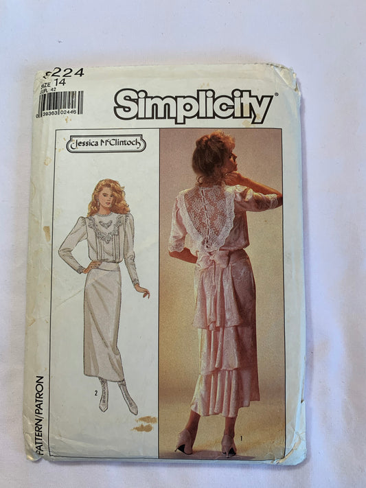 Simplicity Sewing Pattern Jessica McClintock 8224 Misses' Dress, Straight Skirt, Zipper Back, Long/Short Sleeves, Flounces, Fish Tail, Size 14, Uncut, Vintage 1987