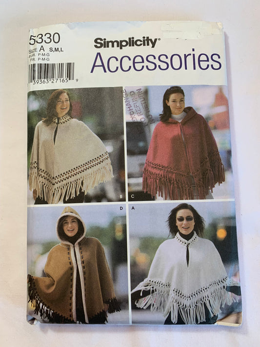 Simplicity Sewing Pattern 3981 Misses' Poncho, Capes, Fringe, Hood, Pullover, Button Front, Size 10-12, Cut, 2003