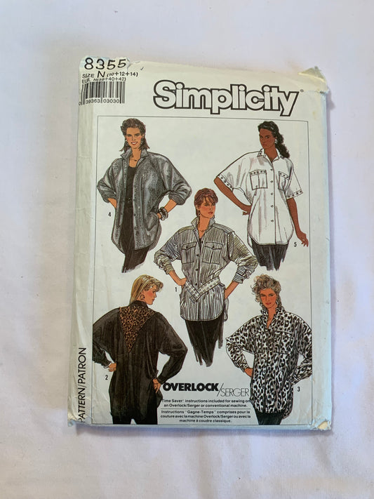 Simplicity Sewing Pattern 8355 Misses' Shirt, Loose-Fitting, Shirt-Tail, Button Front, Long/Short Sleeves, Pockets, Size 10-14, Cut, Vintage 1998