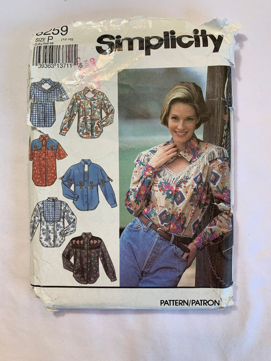Simplicity Sewing Pattern 8259 Misses' Western Blouse, Long/Short Sleeves, Shirts, Button Front, Collar, Ruffles, Pockets, Size 12-16, Cut, Vintage 1996