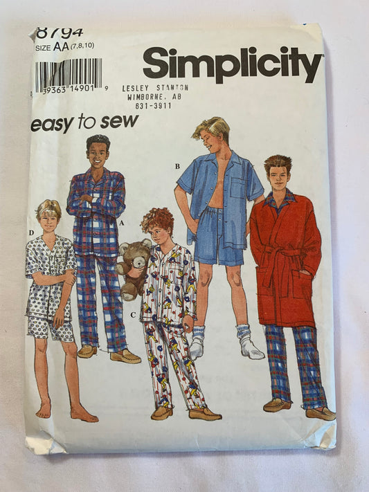 Simplicity Sewing Pattern 8794 Boys' Pajamas, Elastic Waist, Pockets, Robe, Tie Belt, Long/Short Sleeves, Loungewear, Top, Pants, Size 7-10, Uncut, Vintage 1996