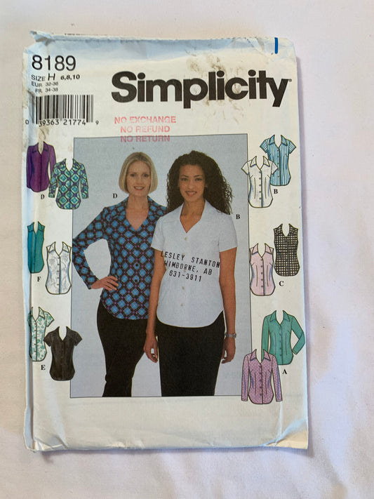 Simplicity Sewing Pattern 8189 Misses'Misses Petite Shirt, Knit Shirt, Fitted, Darts, Collar, Long/Short Sleeves, Sleeveless, Button Front, 6 Variatiions, Size 6-10, Uncut, Vintage 1998