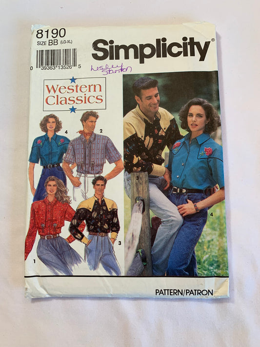 Simplicity Sewing Pattern 8190 Misses'/Men's/Teens' Western Shirt, Long/Short Sleeves, Snap/Button Front, Size 42-44, Cut, Vintage 1992