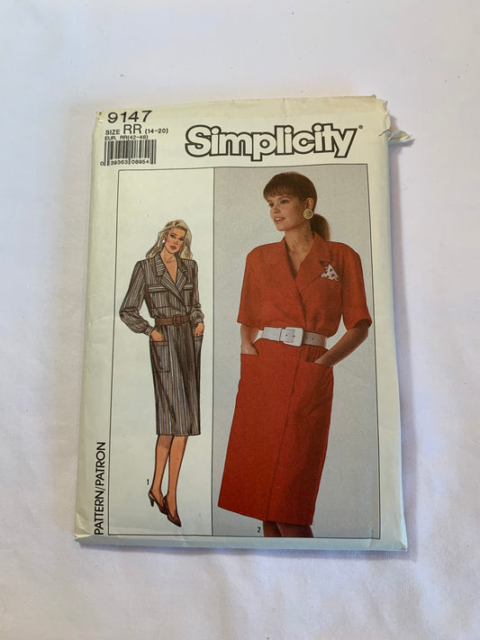 Simplicity Sewing Pattern 9147 Misses' Dress, Mock-Wrap, Collar, Elastic Waist, Pockets, Long/Short Sleeves, Size 14-16, Cut, Vintage 1989