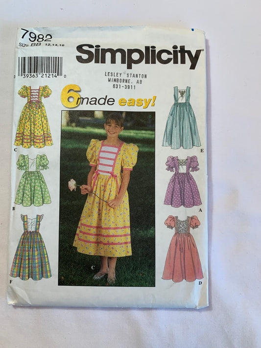 Simplicity Sewing Pattern 7982 Girls' Dress, Fiull Skirt, Zipper Back, Short Puff Sleeves, Sleeveless, Zipper Back, Tie Ends, Size 12-16, Uncut, Vintage 1997