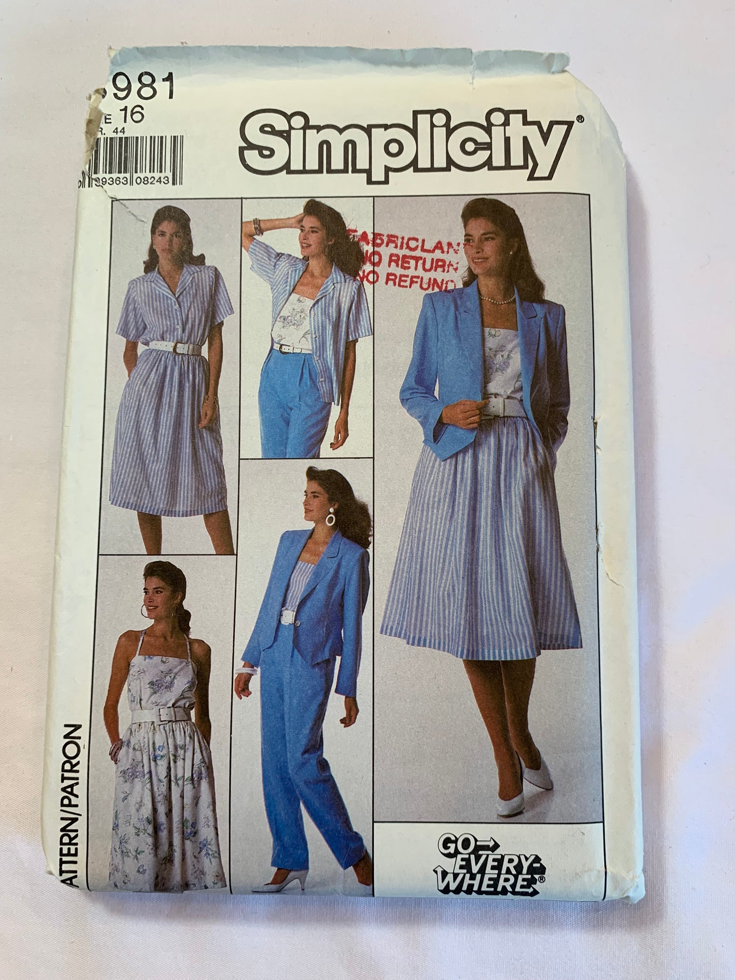 Simplicity Sewing Pattern 8981 Misses' Unlined Jacket, Skirt, Pants, Shirt, Camisole, Size 16, Cut, Vintage 1988