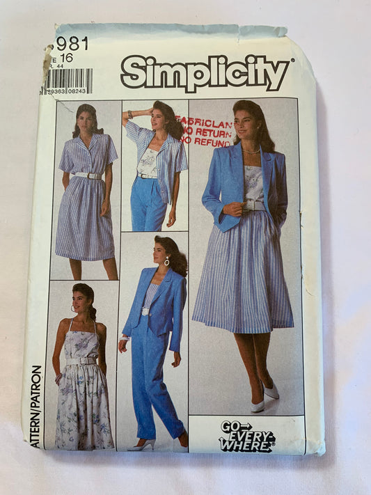 Simplicity Sewing Pattern 8981 Misses' Unlined Jacket, Skirt, Pants, Shirt, Camisole, Size 16, Cut, Vintage 1988