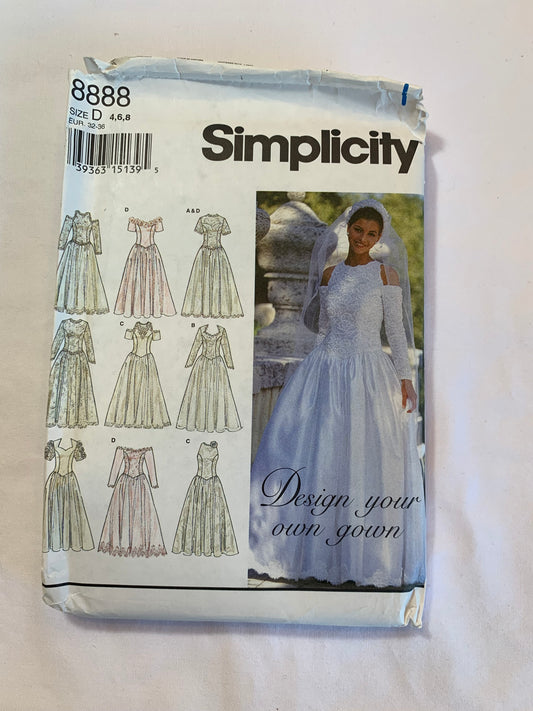 Simplicity Sewing Pattern 8888 Misses'Miss Petite Lined Bridal/Wedding Gowns, Sash, Bridesmaids' Dress, Floor Length, Fitted, Flared Skirt, Ruffles, Long/Short Sleeves, Size 4-8, Uncut, Vintage 1978