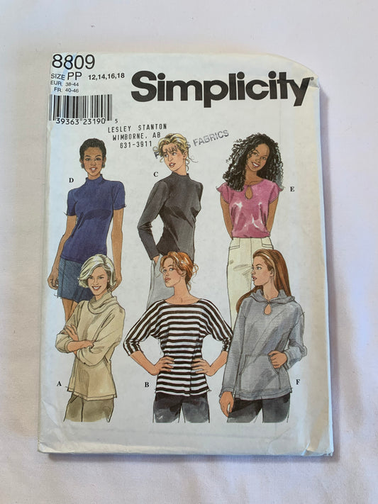 Simplicity Sewing Pattern 8809 Misses' Knit Top, Pullover, Long/Short Sleeves, Hood, Dolman/Kimono Sleeves, Size 12-18, Uncut, Vintage 1999