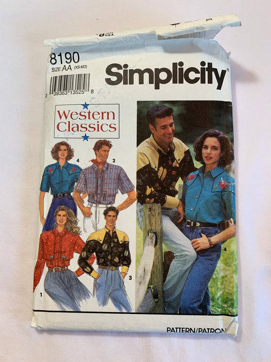 Simplicity Sewing Pattern 8190 Misses'/Men's/Teens' Western Shirt, Long/Short Sleeves, Snap/Button Front, Size 30-40, Cut, Vintage 1992