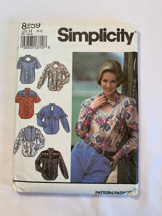 Simplicity Sewing Pattern 8259 Misses' Western Blouse, Long/Short Sleeves, Shirts, Button Front, Collar, Ruffles, Pockets, Size 6-10, Uncut, Vintage 1996