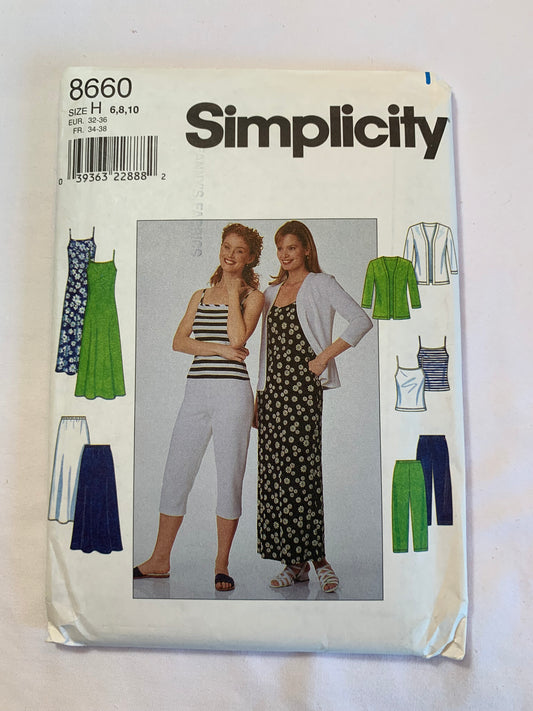 Simplicity Sewing Pattern 8660 Misses' Knit Dress, Tank Top, Cardigan, Skirt, Pants, Semi-Fitted, Pullover, Long Sleeves, Shoulder Straps, Flared, Shoulder Pads, Size 6-10, Uncut, Vintage 1999