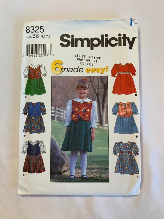 Simplicity Sewing Pattern 8325 Girls' Dress, Vest, Sleeveless Short Sleeves, Zipper Back, Round Neck, Gathered Flared Skirt, Size 5-8, Uncut, Vintage 1999