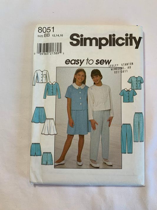 Simplicity Sewing Pattern 8051 Girls' Tops, Skirt, Pants, Shorts, Elastic Waist, Two Lengths, Long/Short Sleeves, Size 12-16, Uncut, Vintage 1998