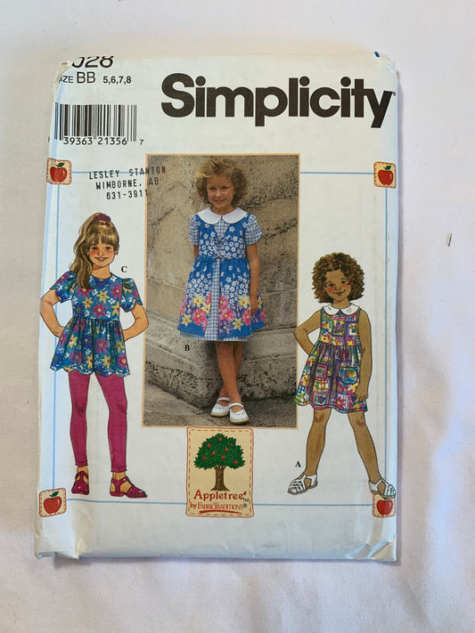 Simplicity Sewing Pattern 8028 Girls' Dress, Pinafore, Leggings Top, Zipper Back, Two Lengths, Short Sleeves, Peter Pan Collar, Size 5-8, Uncut, Vintage 1997