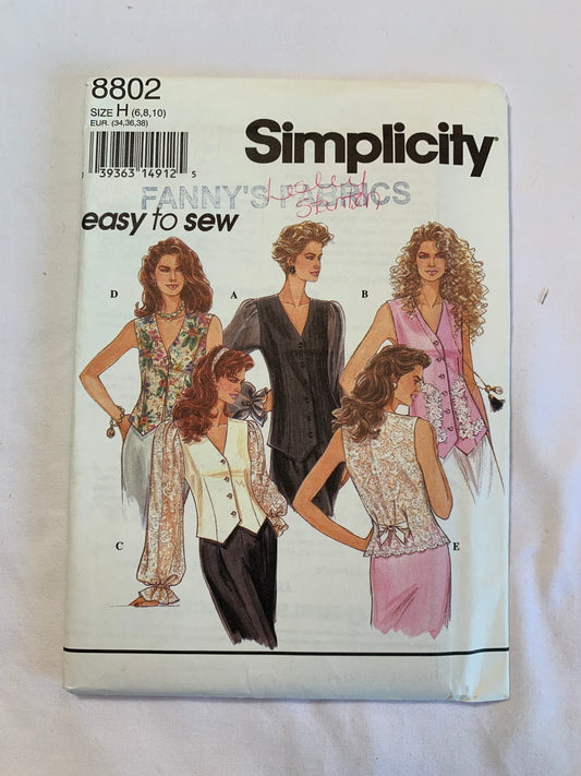 Simplicity Sewing Pattern 8802 Misses' Top, Blouse, Vest, Two Lengths, Tie ends, Long Sleeves, Sleeveless, Ruffles, Lining, Size 6-16, Uncut, 2010