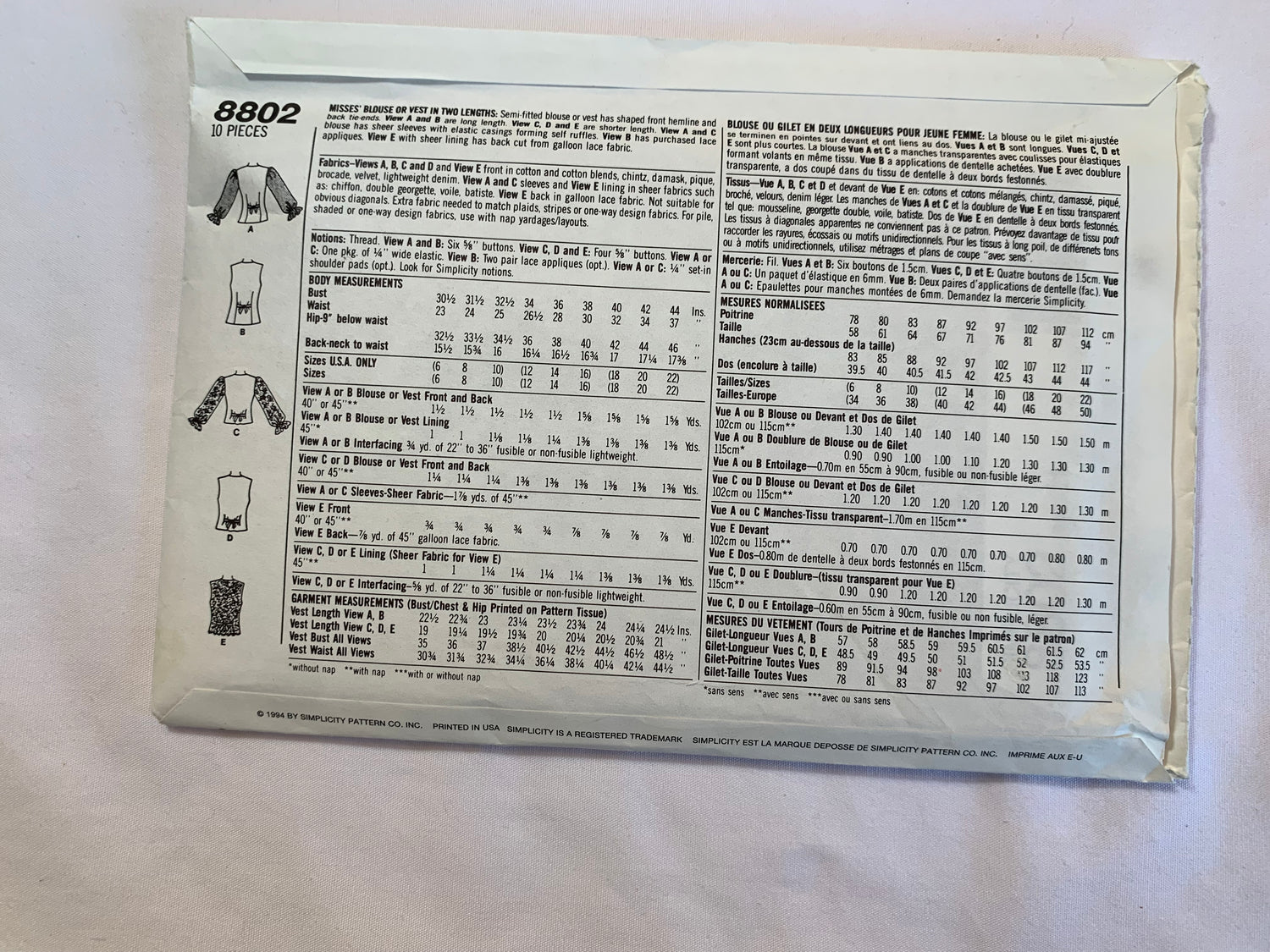 Simplicity Sewing Pattern 8802 Misses' Top, Blouse, Vest, Two Lengths, Tie ends, Long Sleeves, Sleeveless, Ruffles, Lining, Size 6-16, Uncut, 2010