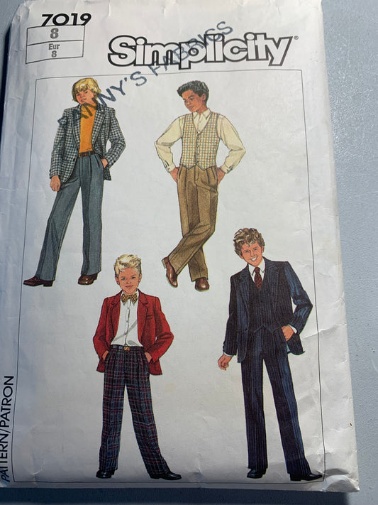 Simplicity Sewing Pattern 7019 Boys' Pants, Lined Jacket & Vest, Long Sleeves, Zipper Fly, Button Front, Pockets, Collar, Size 8, Cut, Vintage 1985