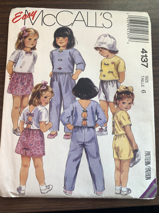 McCall's Sewing Pattern 4137 Girls' Top, Pants, Skirt, Shorts, Two Lengths, Long/Short Sleeves, Elastic Waist, Size 6, Uncut, Vintage 1989