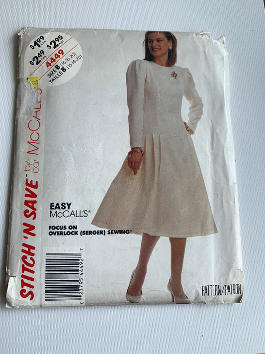 McCall's Stitch 'N Save Sewing Pattern 4449 Misses' Dress, Shoulder Pads, Dropped Waist, Button Front, Pleated Skirt, Princess Seams, Size 16-20, Uncut, Vintage 1989