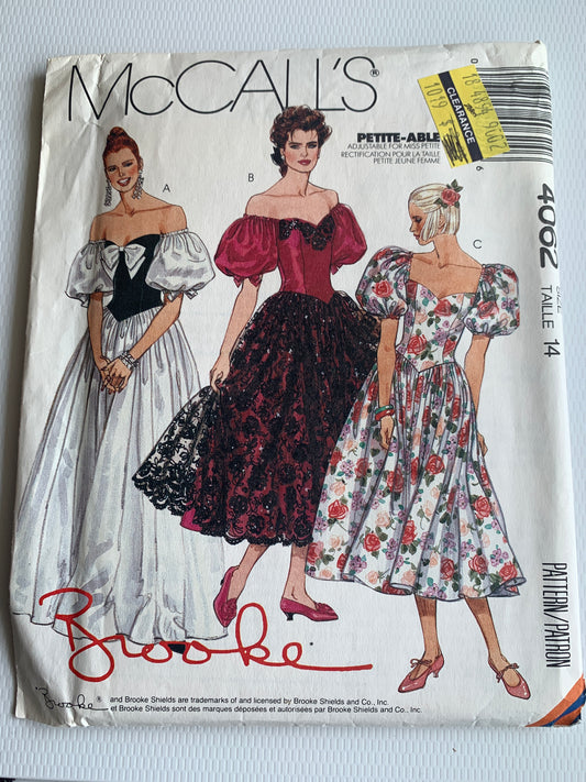 McCall's Sewing Pattern 4062 Misses' Dresses/Gowns, 3 Variations, Lined Bodice, Short Sleeves, Zipper Back, Size 14, Uncut, Vintage 1988