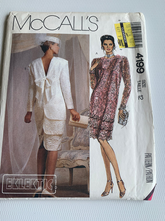 McCall's Sewing Pattern 4199 Misses' Dress, Long Sleeves, Shoulder Pads, Zipper Back, Size 12, Uncut, Vintage 1988