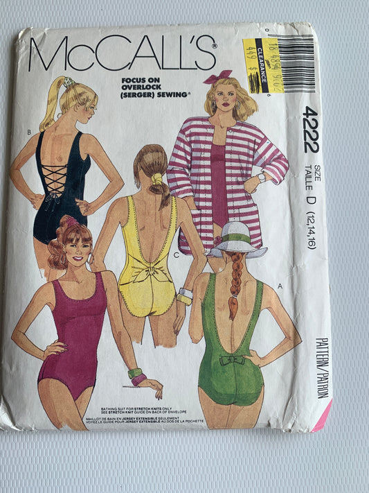 McCall's Sewing Pattern Misses' Swimsuit, Cover-Up, One Piece, Size 14-16, Uncut, Vintage 1989
