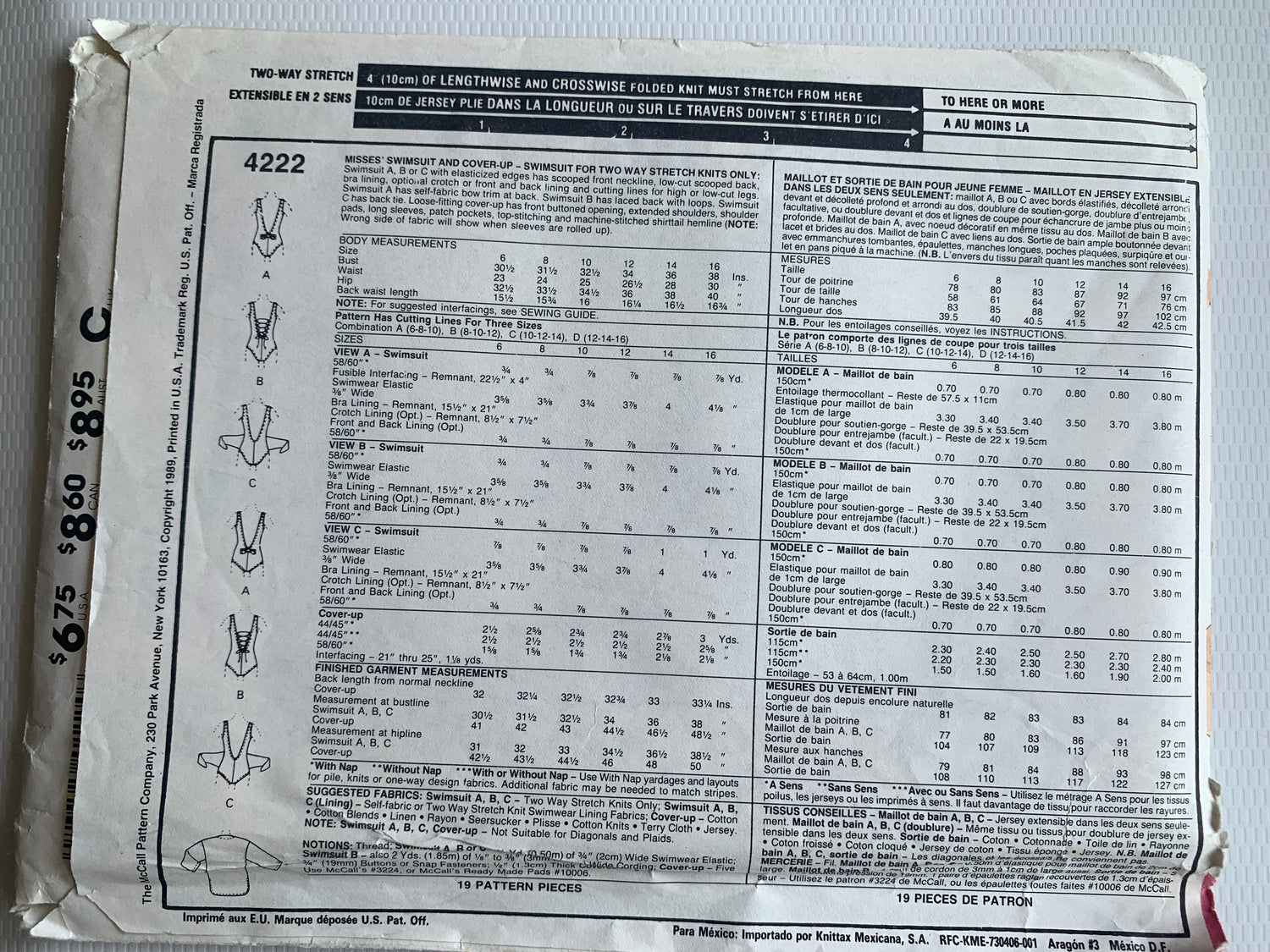 McCall's Sewing Pattern Misses' Swimsuit, Cover-Up, One Piece, Size 14-16, Uncut, Vintage 1989