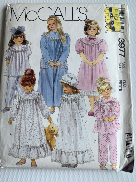 McCalls Sewing Pattern 3977 Girls' Pajamas, Long/Short Sleeves, Two Lengths, Pull-On Pants, Top, Robe, Housecoat, Pockets, Hat, Size 5-6, Uncut, Vintage 1988