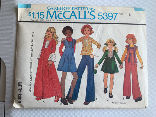 McCall's Sewing Pattern 5397 Girls' Jumper, Dress, Top, Long/Short Sleeves, Zipper Back, Size 8, Uncut, Vintage 1976