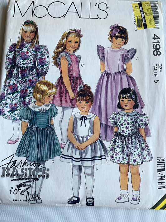 McCall's Sewing Pattern 4198 Girls' Dresses, Gown, Button Back, Long/Short Puff Sleeves, Three Lengths, Tie Belt, Full Tiered Skirts, Elastic Waist, Size 5, Cut, Vintage 1989