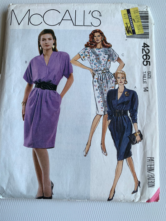 McCall's Sewing Pattern 4265 Misses' Dresses, Semi-Fitted, Long/Short Sleeves, Shoulder Pads, Zipper Back, Size 14, Uncut, Vintage 1989