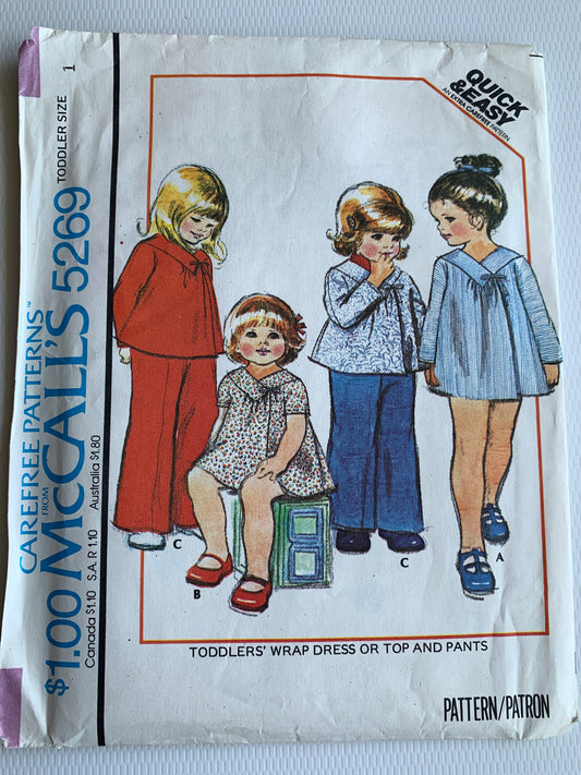 McCall's Sewing Pattern 5269 Toddlers Wrap Dress, Top, Pants, Snapped Front, Elastic Waistband, Size 1, Uncut, Vintage 1975