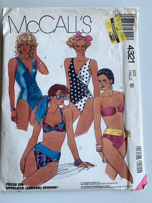 McCall's Sewing Pattern 4321 Misses' Bathing Suit, 4 Variations, Strap Variations, Two Way Stretch Knits, Bikini, One Piece, Size 16, Uncut, Vintage 1989