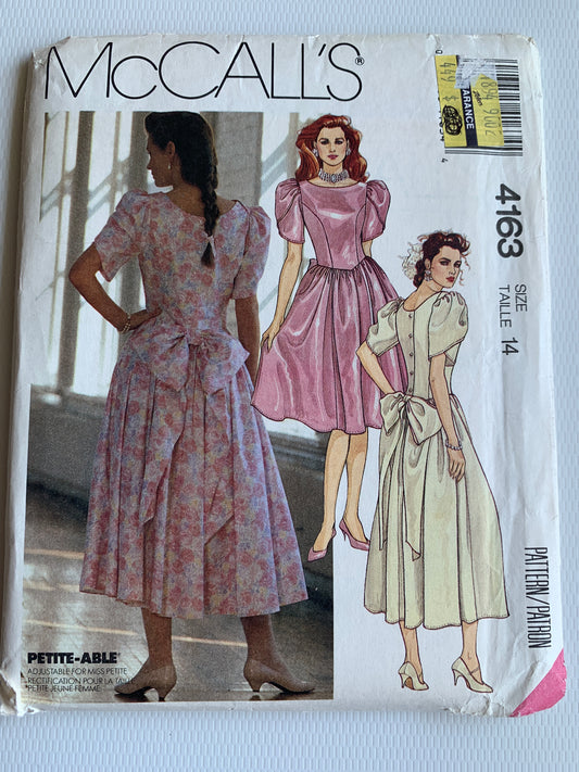 McCall's Sewing Pattern 4163 Misses' Dresses/Gowns, 3 Variations, Bodice, Short Sleeves, Side Zipper, Button Back, Size 14, Uncut, Vintage 1989