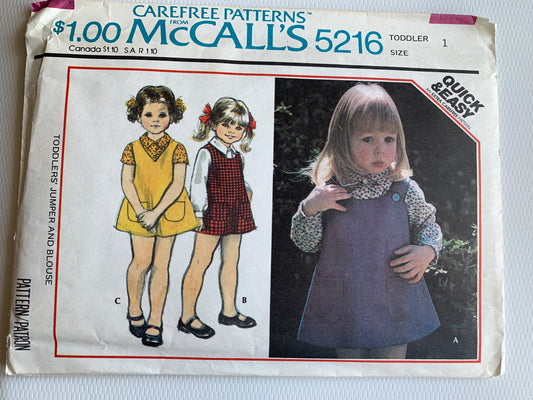 McCall's Sewing Pattern 5216 Toddlers'/Girls' Jumper, Top, Zipper Back, Size 1, Uncut, Vintage 1976