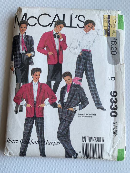 McCall's Sewing Patterns 9330 Misses' Jacket, Blouse, Skirt, Pants, Loose-Fitting, Raglan Sleeves, Pockets, Size 14, Uncut, Vintage 1984