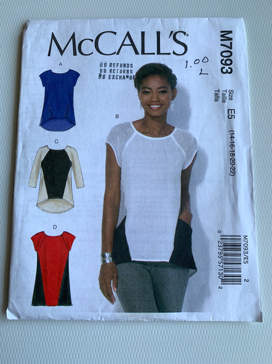 McCall's Sewing Pattern M7093 Misses' Tunics, Tops, Long/Short Sleeves, 4 Variations, Semi-Fitted, Pockets, Size 14-22, Uncut, 2015
