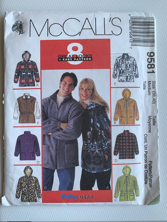 McCall's Sewing Pattern 9581 Misses'/Men's Unisex Jacket, Zipper Front, Pockets, Elastic Waist, Hood, Size 38-40, Uncut, Vintage 1998