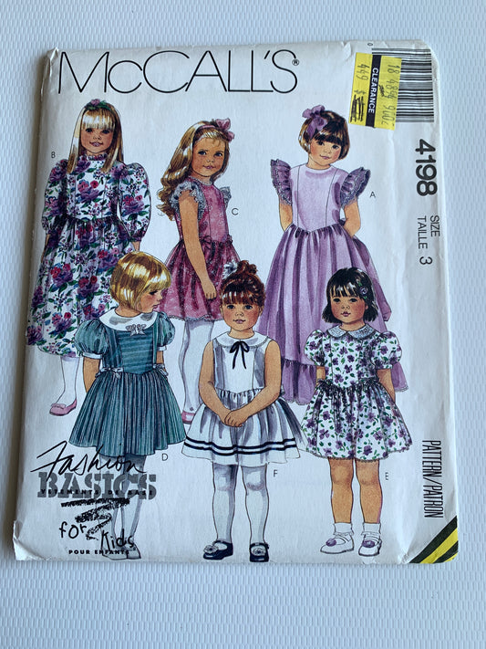 McCall's Sewing Pattern 4198 Girls' Dresses, Gown, Button Back, Long/Short Puff Sleeves, Three Lengths, Tie Belt, Full Tiered Skirts, Elastic Waist, Size 3, Uncut, Vintage 1989