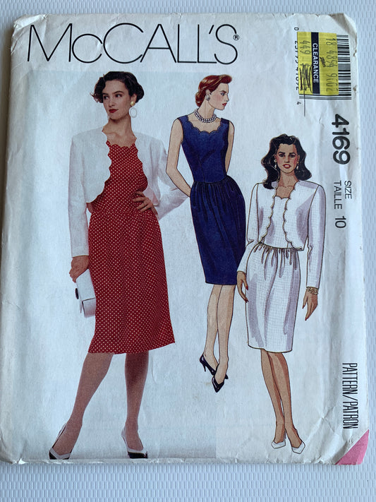 McCall's Sewing Pattern 4169 Misses' Dress, Lined Bolero/Jacket, Sleeveless, Shoulder Pads, Zipper Back, Size 10, Uncut, Vintage 1989