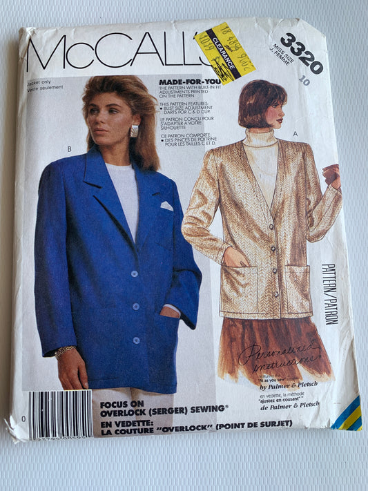 McCall's Sewing Pattern 3320 Misses' Jacket, Lined/Unlined, Button Front, Pockets, Collar, Shoulder Pads, Size 10, Uncut, Vintage 1987