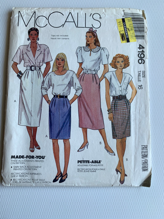 McCall's Sewing Pattern 4196 Misses' Skirt, Two Lengths, 4 Variations, Pleats, Front Zipper, Pockets, Size 16, Uncut, Vintage 1989