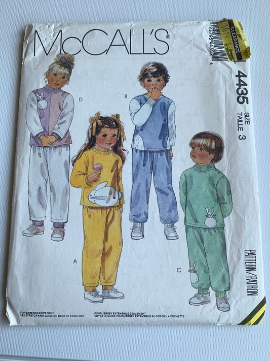 McCall's Sewing Pattern 4435 Boys'/Girls' Top, Pants, Pull-On, Pullover, Elastic Waist, Pockets, Size 3, Uncut, Vintage 1989